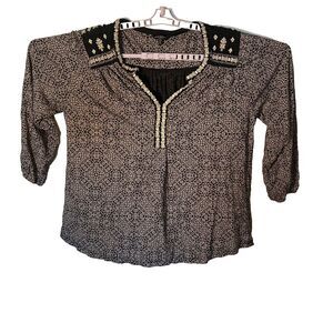 Lucky Brand Shirt Women's Size 1X Black White Boho Print 3/4 Sleeve V Neck‎
